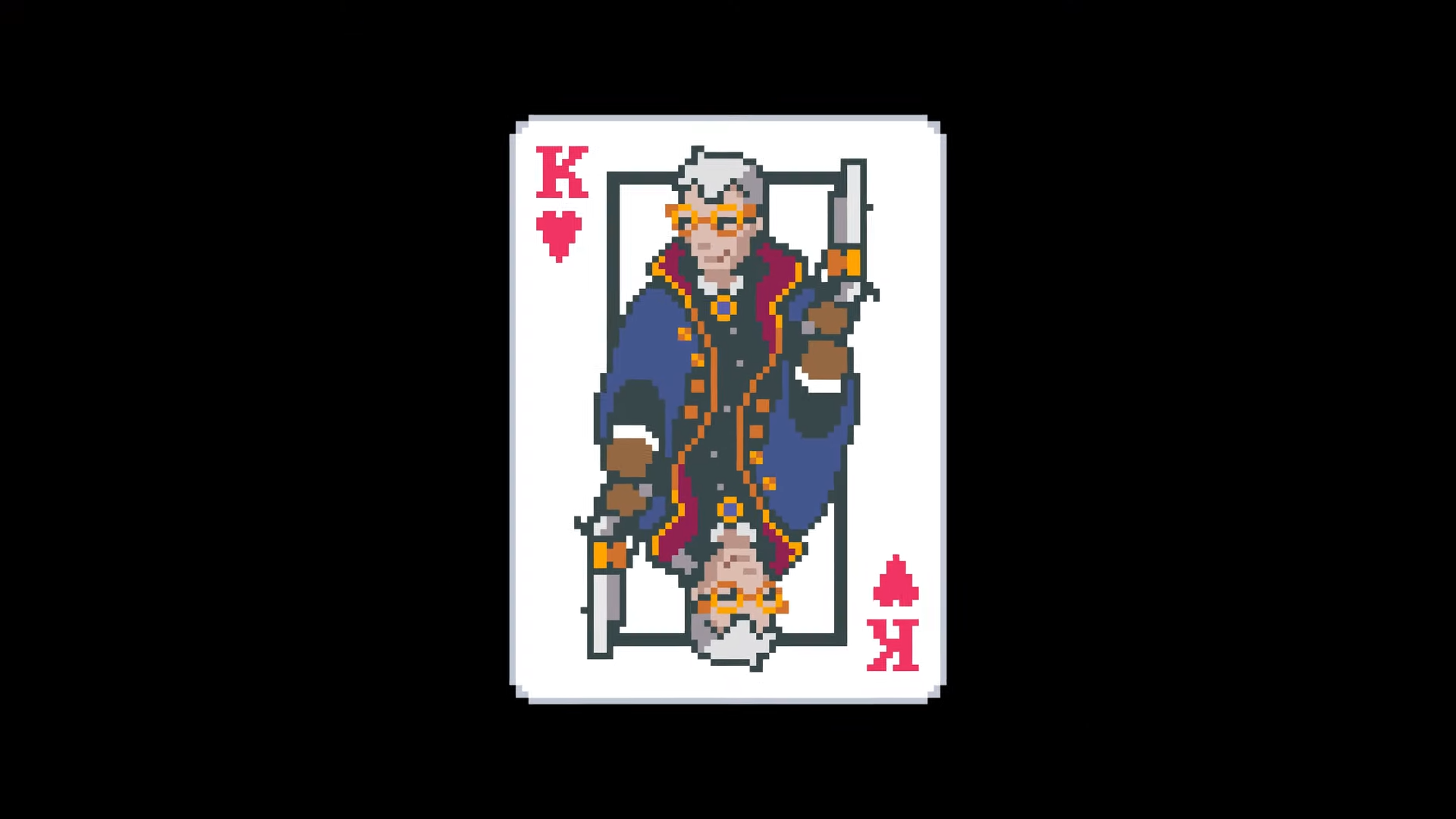 Balatro trailer screenshot showing a colourful King card on a black background