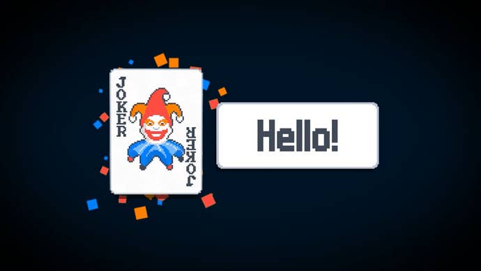 Pixel Joker card and the word Hello! from the Balatro trailer
