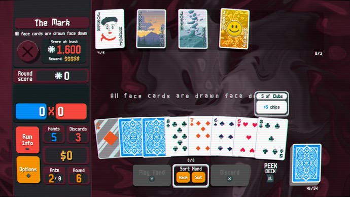 A boss in Balatero, the screen is filled with a large hand of cards, some of which are face down, and there are four clowns at the top of the screen