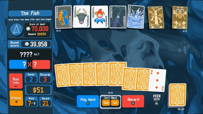 A boss in Balatro, with almost all visible cards face down.
