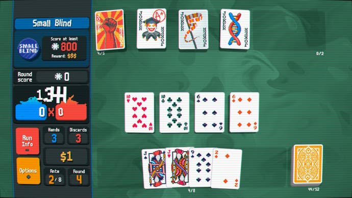 A hand showing two pair in Balatro, with four jokers at the top of the screen.