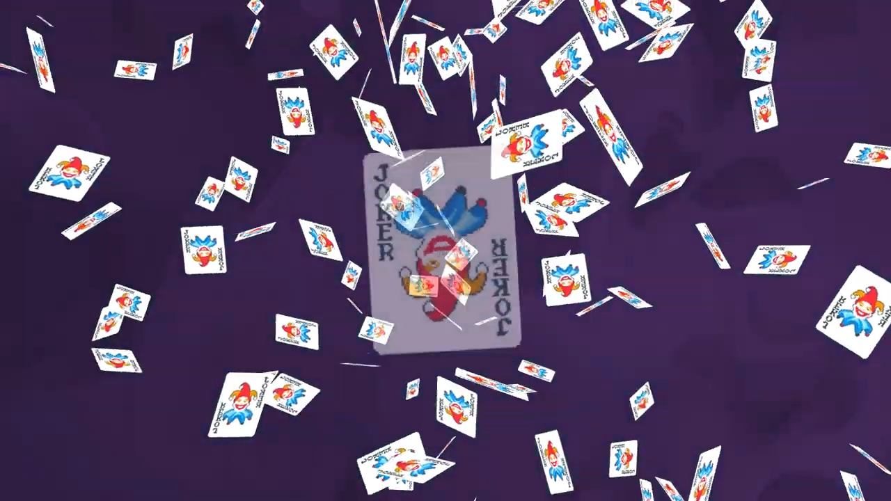 Balatro Mobile trailer screenshot showing large Joker card with smaller Joker cards raining around it