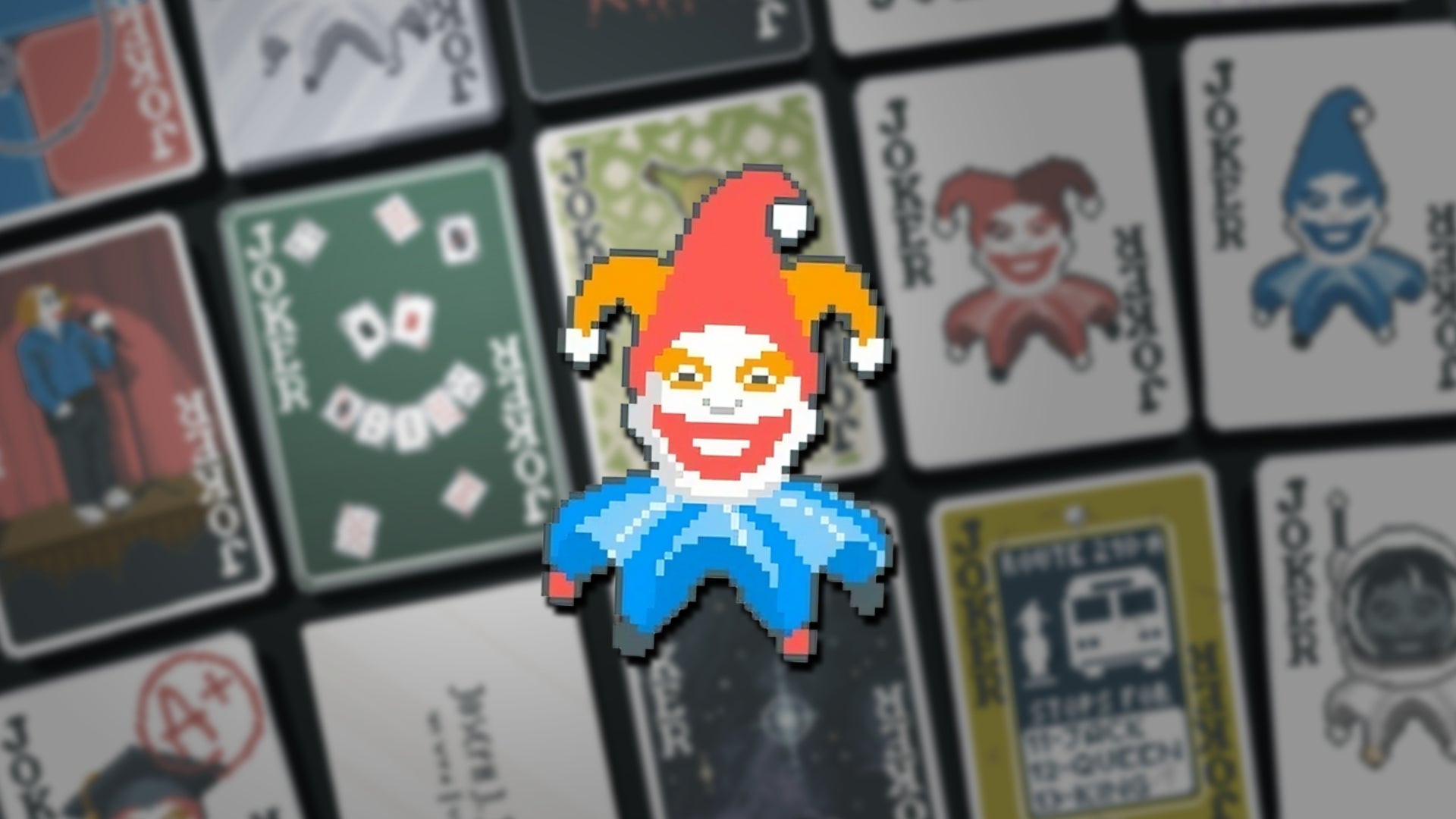 A Joker's head from Balatro over a slightly blurred deck of Jokers from the game. - 1