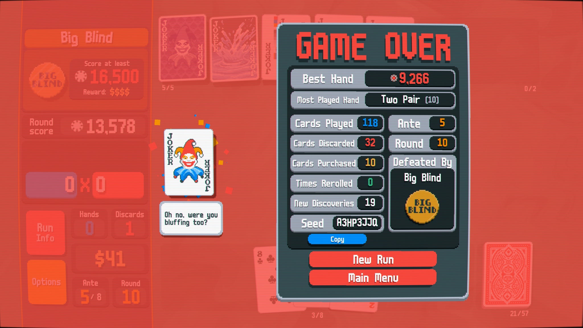 The game over screen in Balatro - 12