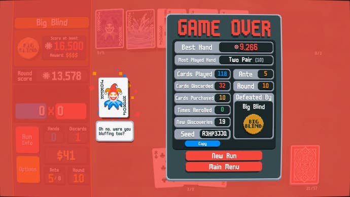 The game over screen in Balatro