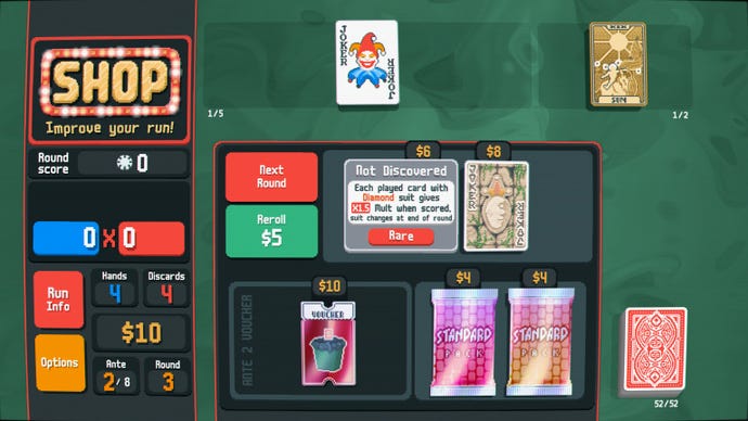 The shop screen in Balatro, showing different booster packs, vouchers and planet cards to choose.
