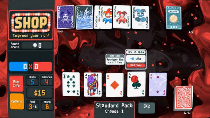 The shop screen in Balatro displays five different standard cards to pick from.