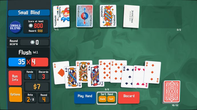Several cards are being selected from a hand of poker in Balatro