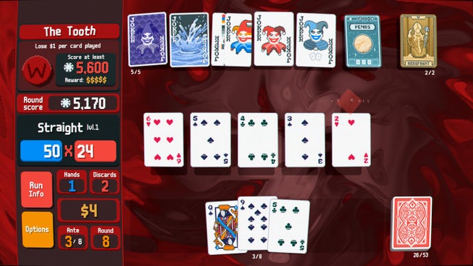A straight poker hand is played in Balatro