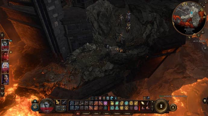 A party of four on a path leading to a lava river that can be seen on the bottom corners.