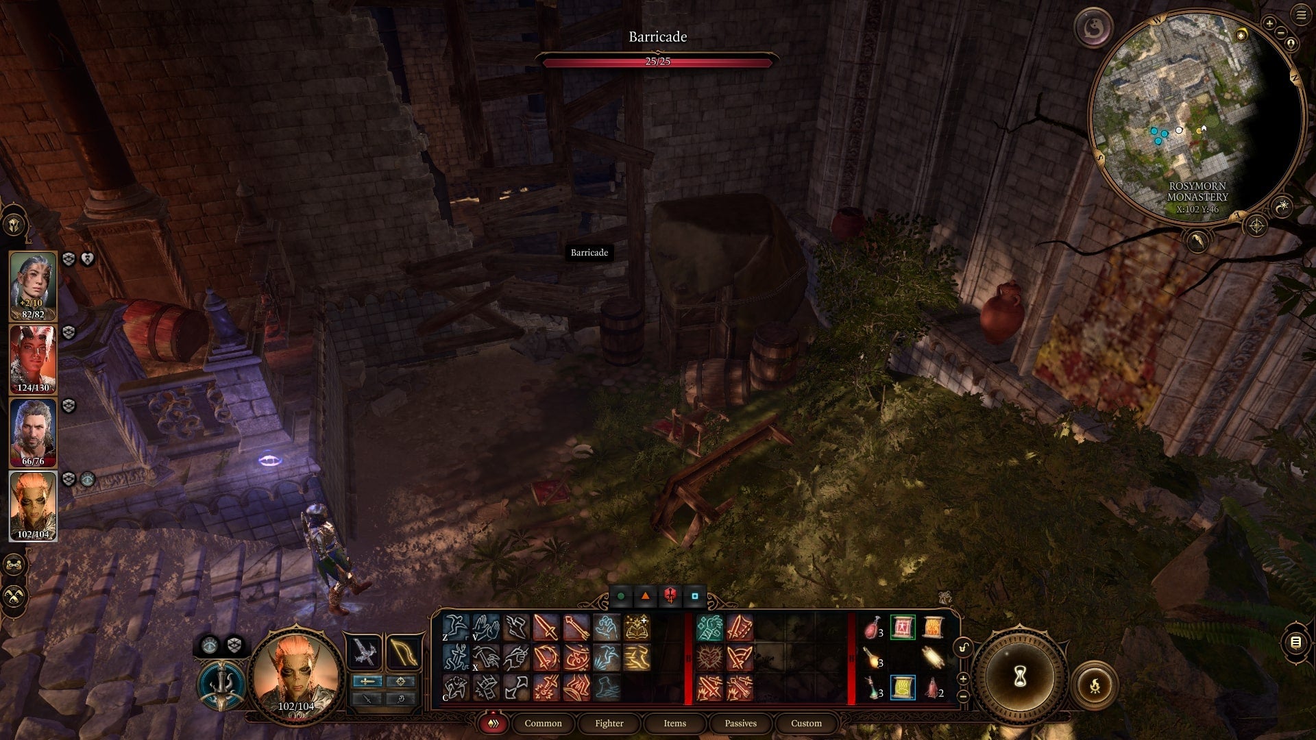 The player faces a destroyable barricade in the Rosymorn Monastery in Baldur&rsquo;s Gate 3