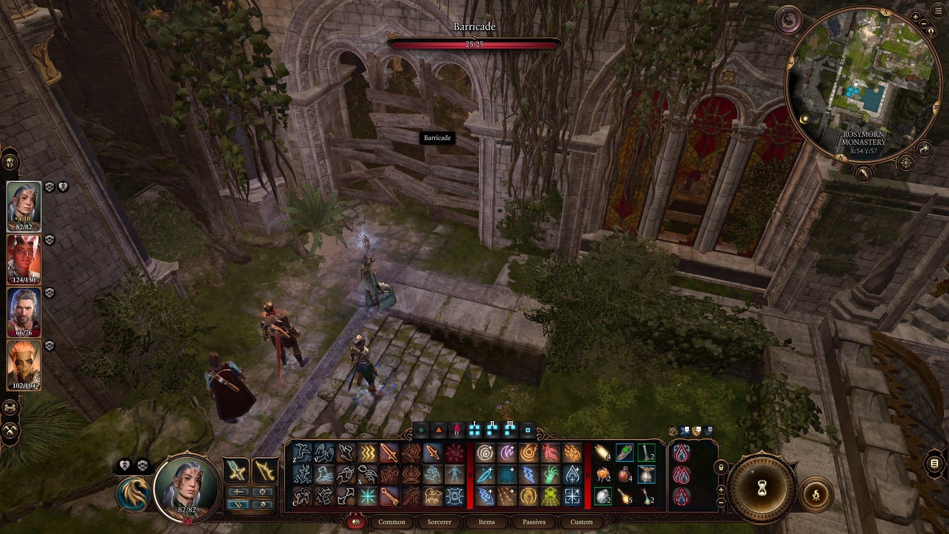 The player party faces a destroyable barricade at the top of the Rosymorn Monastery in Baldur&rsquo;s Gate 3