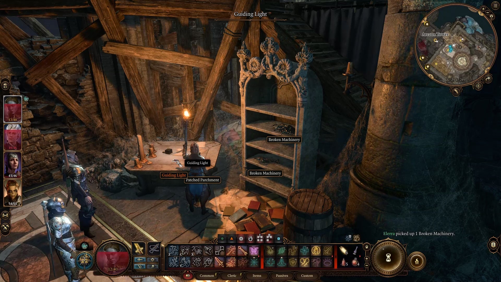 Item names highlighted in a dark dilapidated room lit up by a torch.