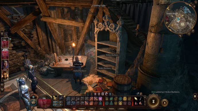 Item names highlighted in a dark dilapidated room lit up by a torch.