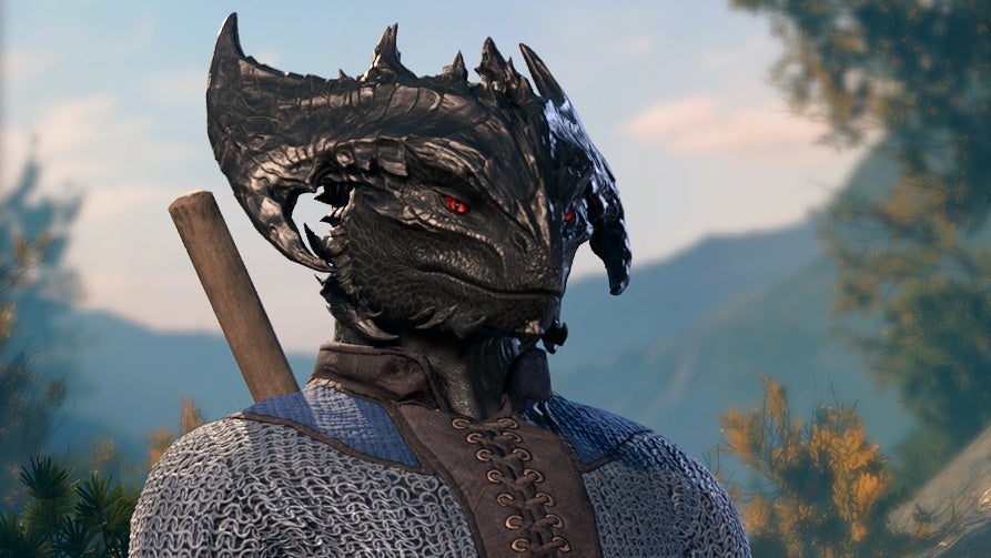 Close up of female shaped Black Dragonborn.