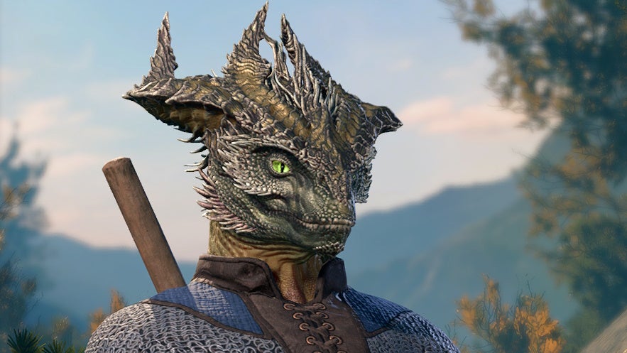 Close up of female shaped Brass Dragonborn.