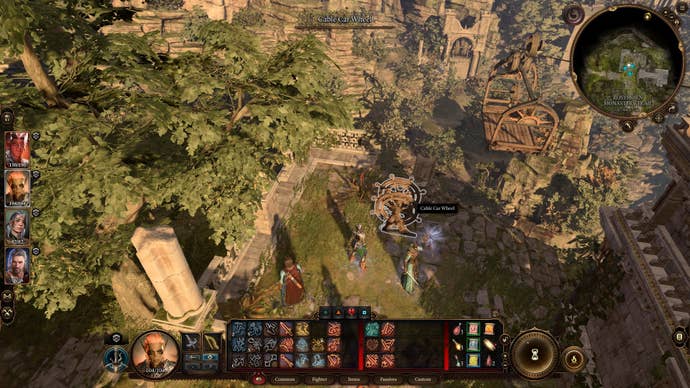 The player stands beside a Cable Car Wheel near the Rosymorn Monastery in Baldur’s Gate 3