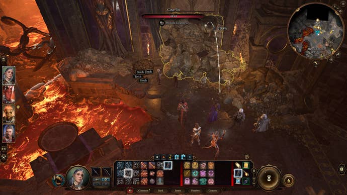 The player aims an arrow at the Runepowder Vial on the Grymforge cave-in in Baldur’s Gate 3