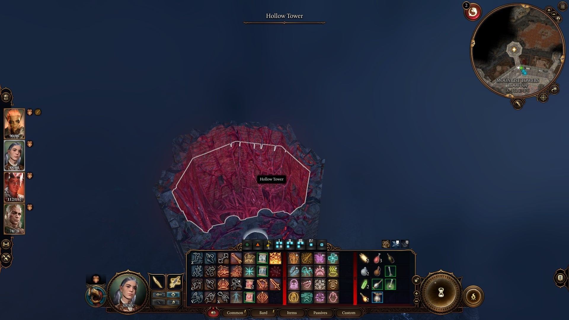 The player party faces a chasm in a Hollow Tower at Moonrise Towers in Baldur&rsquo;s Gate 3