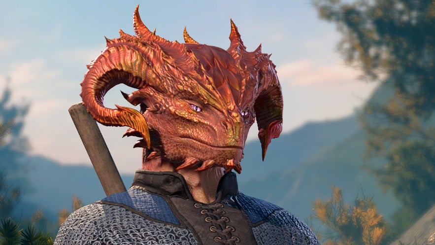 Close up of female shaped Copper Dragonborn.