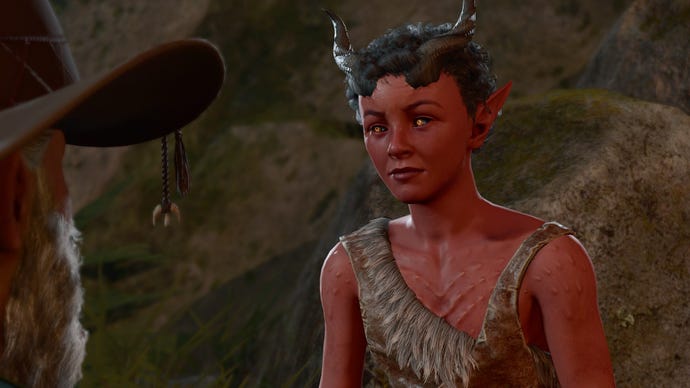 Baldur’s Gate 3 image showing the side of a Gnome Wizard’s face as they talk to Doni, a young Tiefling.