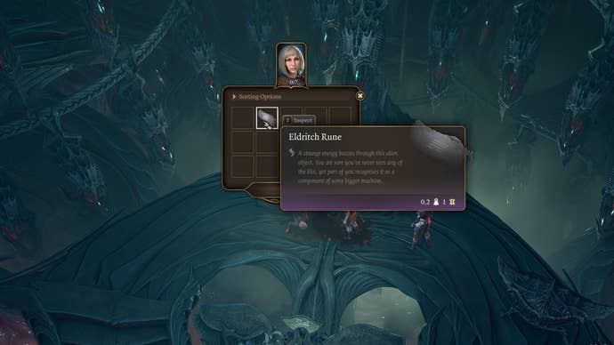 Baldur’s Gate 3 image showing a player looking in the inventory of a corpse, hovering over an Eldritch Rune.