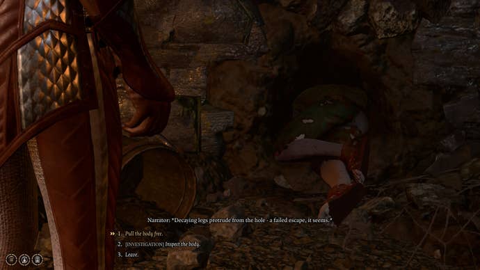 The player interacts with a deceased elf in a hole in the wall of the Worg Pens prison cell in Baldur’s Gate 3