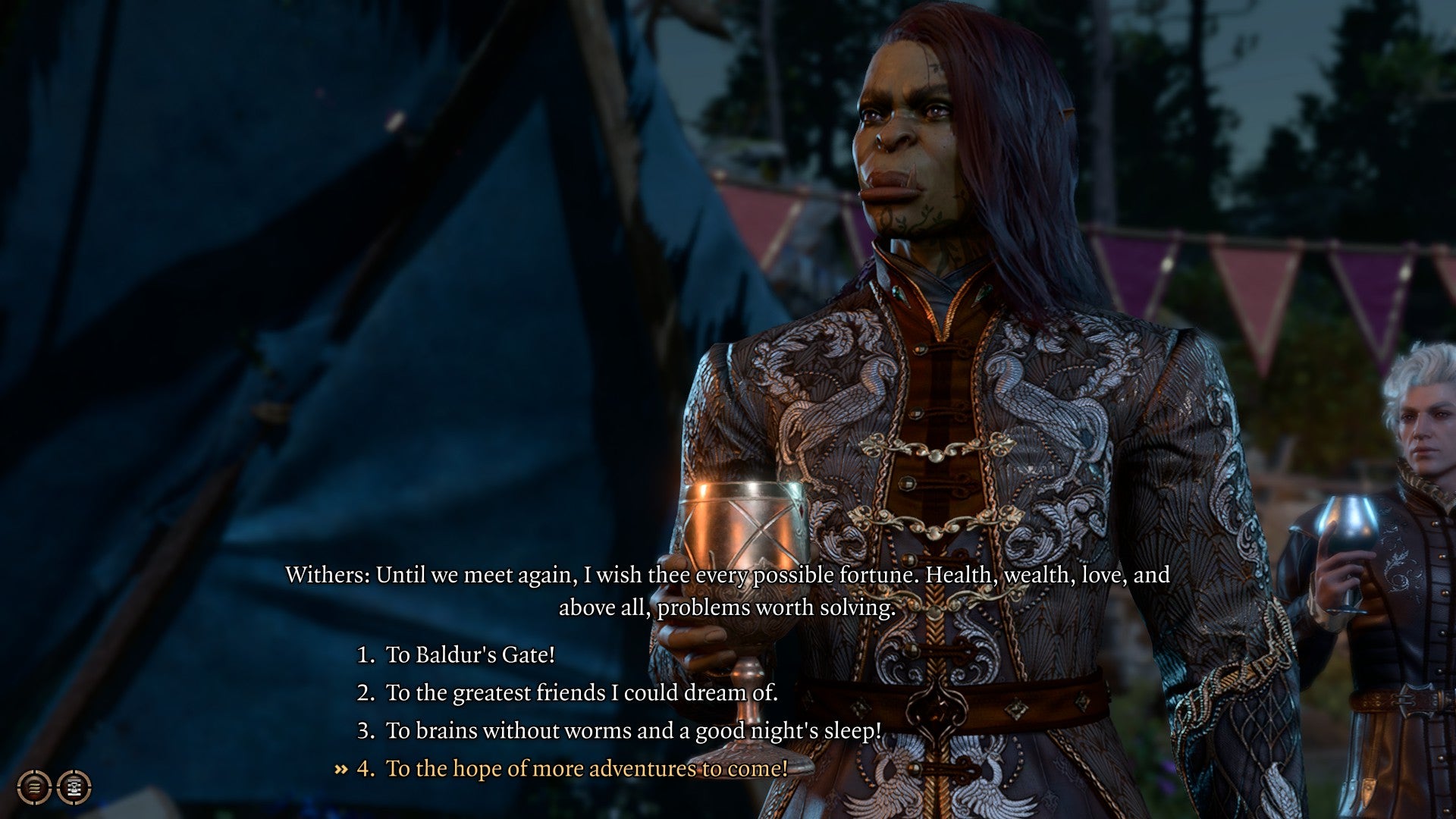 Screenshot of Baldur’s Gate 3, showing the player character wishing a toast ‘to the hope of more adventures to come!’