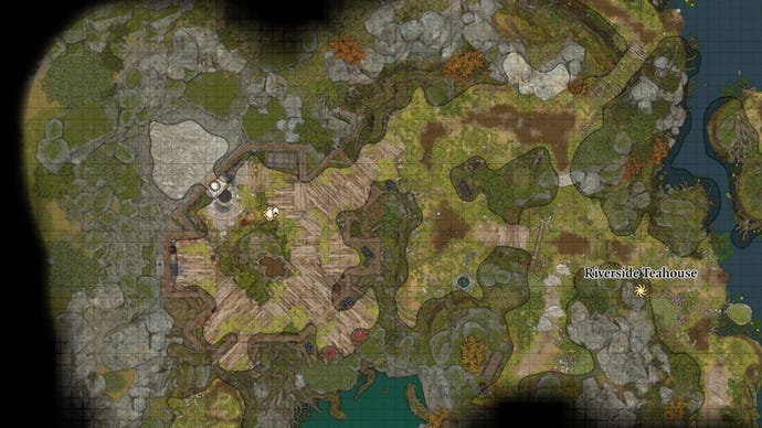 Baldur’s Gate 3 image showing the location of Ethel’s Teahouse in the swamp.