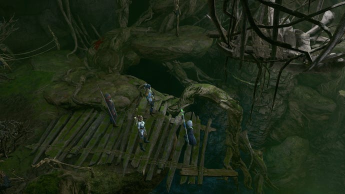 Baldur’s Gate 3 image showing a crate hanging over a pit underground.