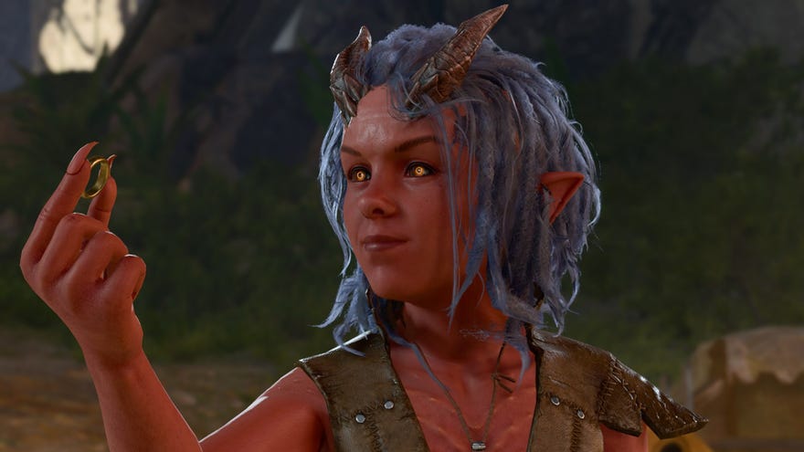 Baldur’s Gate 3 image showing a young Tiefling holding a small ring.