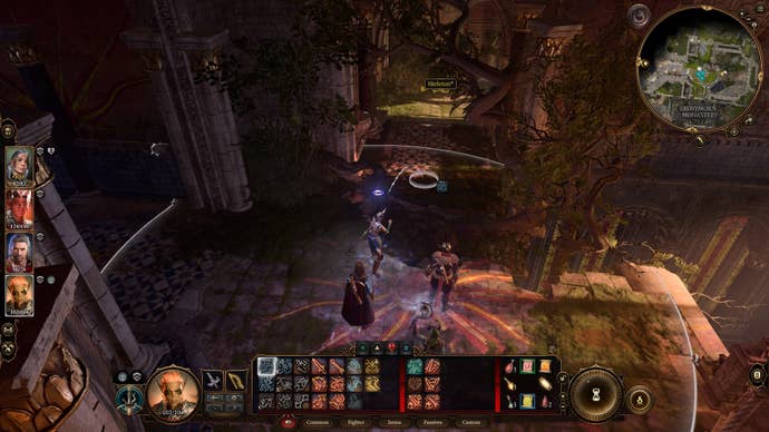 The player, standing in the Rosymorn Monastery, jumps over a gap in Baldur’s Gate 3