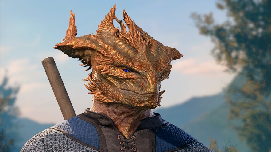 Close up of male shaped Gold Dragonborn.