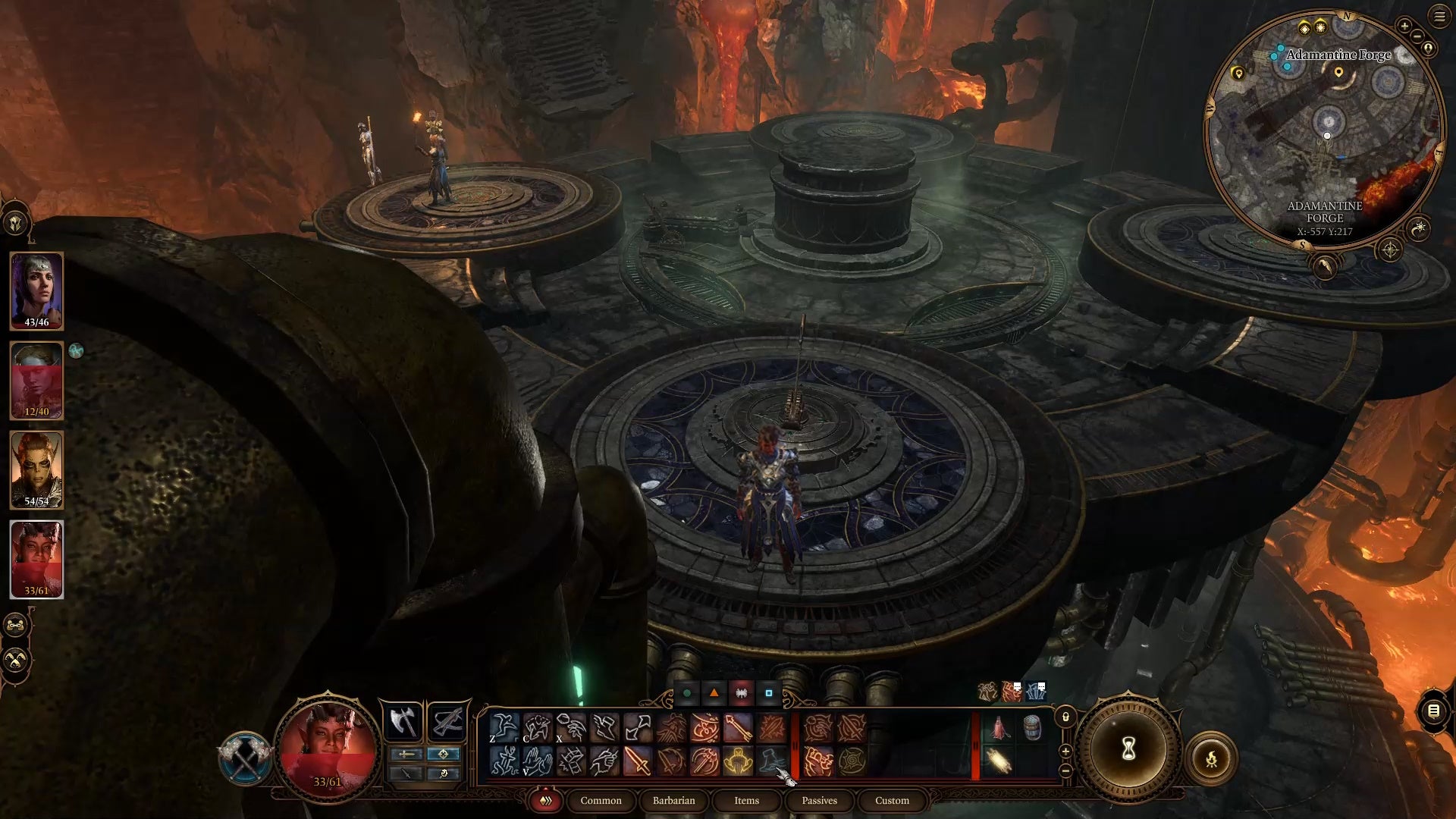 One character beside a lever while three group together in the background.