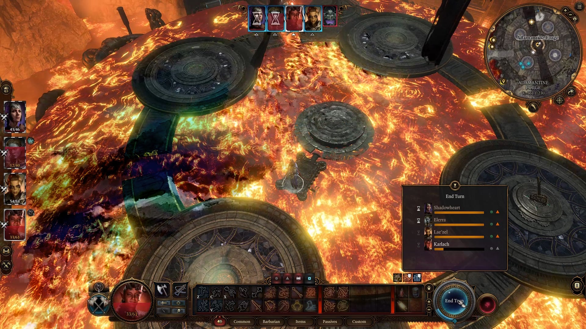 Cursor on the end turn button as a character stand on a platform in the middle of an area covered with lava.