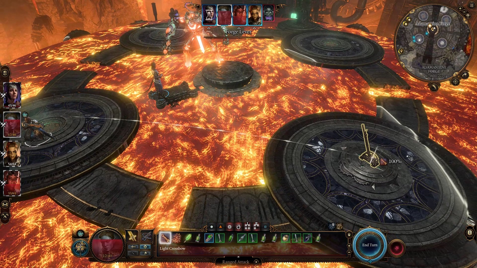 Line showing an arrow with 100% accuracy on the forge valve in an area flooded with lava.