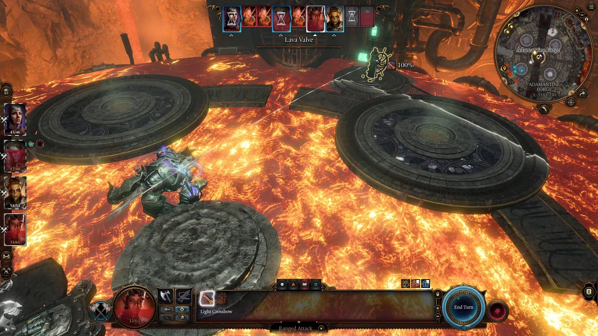 Line showing an arrow with 100% accuracy on the lava valve in an area flooded with lava.