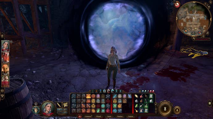 The player character in Baldur’s Gate 3 stands in front of a portal at camp after having evolved into a half-Illithid
