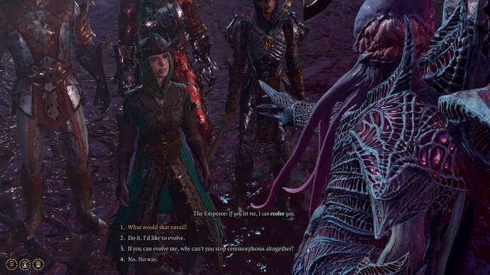 The player party in Baldur’s Gate 3 speaks with The Emperor in the Astral Plane about evolving into a half-Illithid