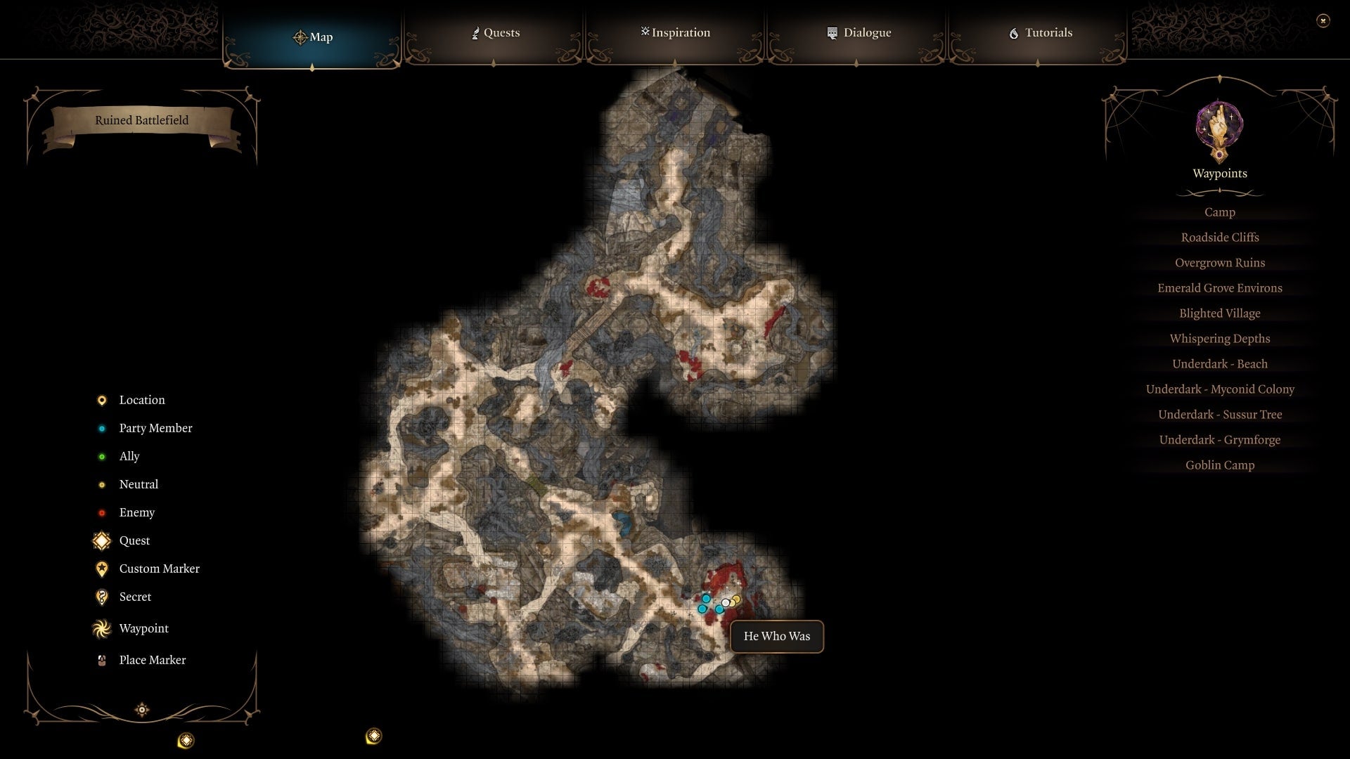 A map showing the location of He Who Was in the Ruined Battlefield in Baldur&rsquo;s Gate 3