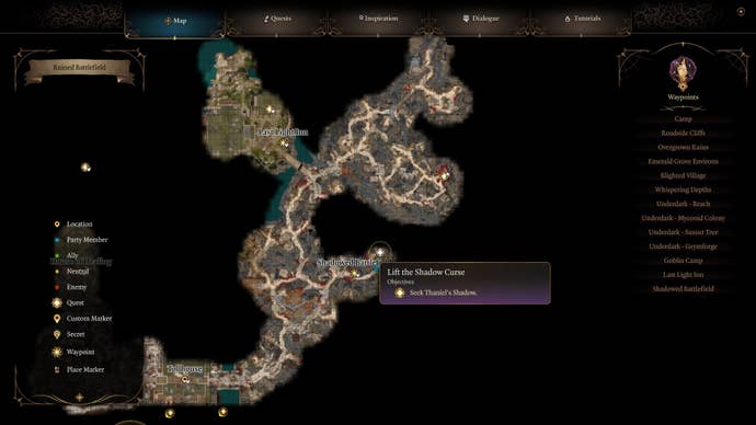 A map of the Shadow Cursed Lands in in Baldur’s Gate 3, showing where to find Thaniel’s missing half, Oliver