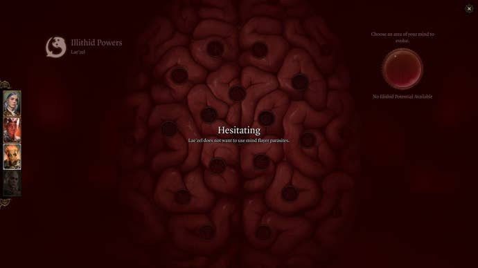 The illithid powers screen in Baldur’s Gate 3 for Karlach, who does not currently approve of using illithid powers