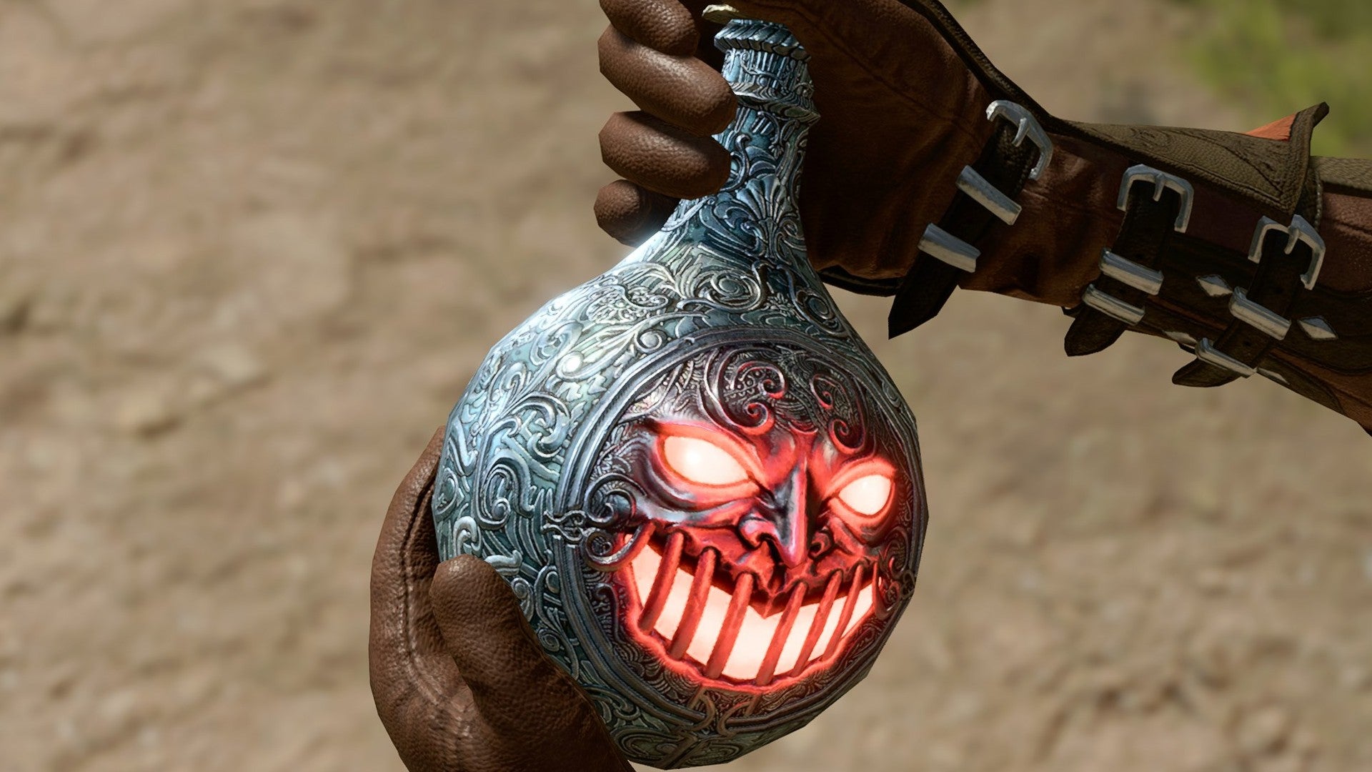 Baldur&rsquo;s Gate 3 image showing a grinning red face on an Iron Flask.