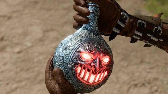 Baldur’s Gate 3 image showing a grinning red face on an Iron Flask.
