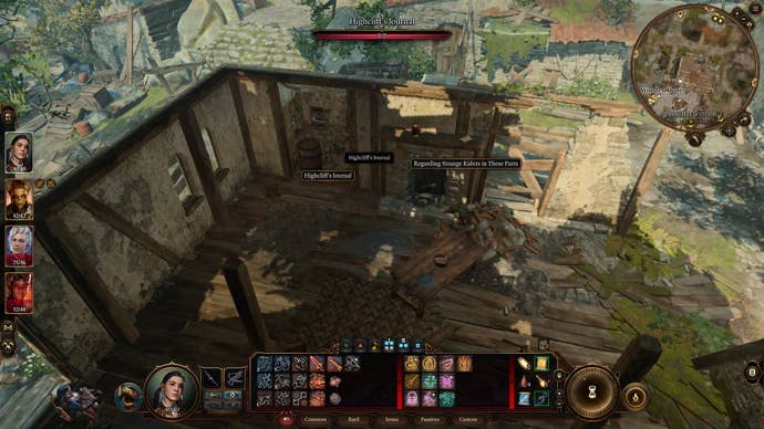 The player looks toward a journal in the Blighted Village in Baldur’s Gate 3