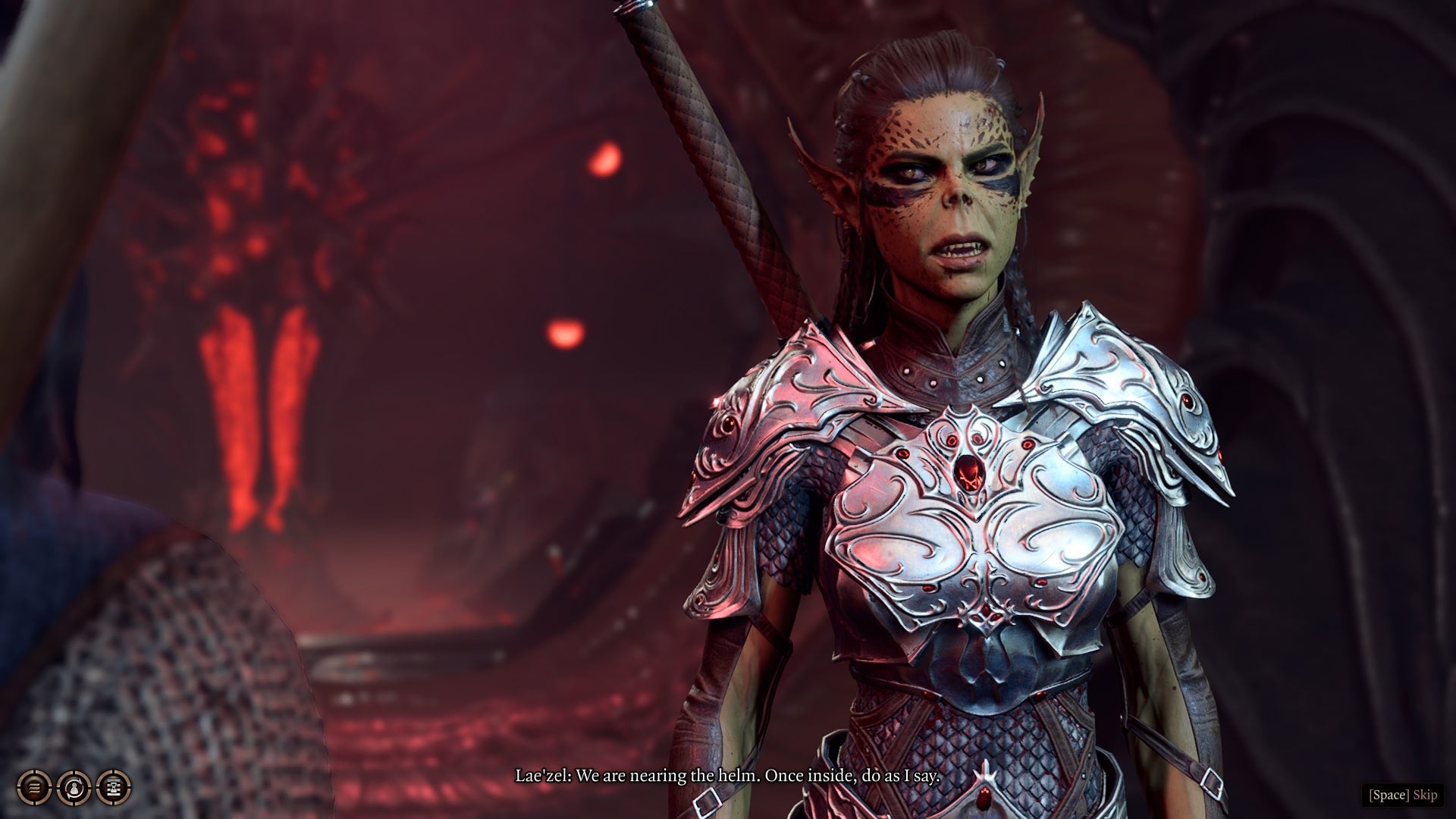 The player speaks with Lae&rsquo;zel in Baldur&rsquo;s Gate 3