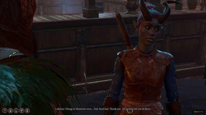 Halsin speaks with rescued tiefling, Lakrissa, in the Last Light Inn in Baldur’s Gate 3