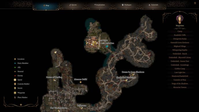 A map detailing the location of the Last Light Inn in Baldur’s Gate 3