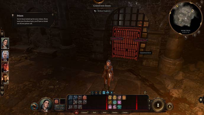 The player interacts with the locked Worg Pens prison cell door in Baldur’s Gate 3