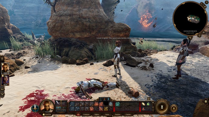 Lae’zel and Shadowheart stand beside the fallen Losiir on a beach in Baldur’s Gate 3